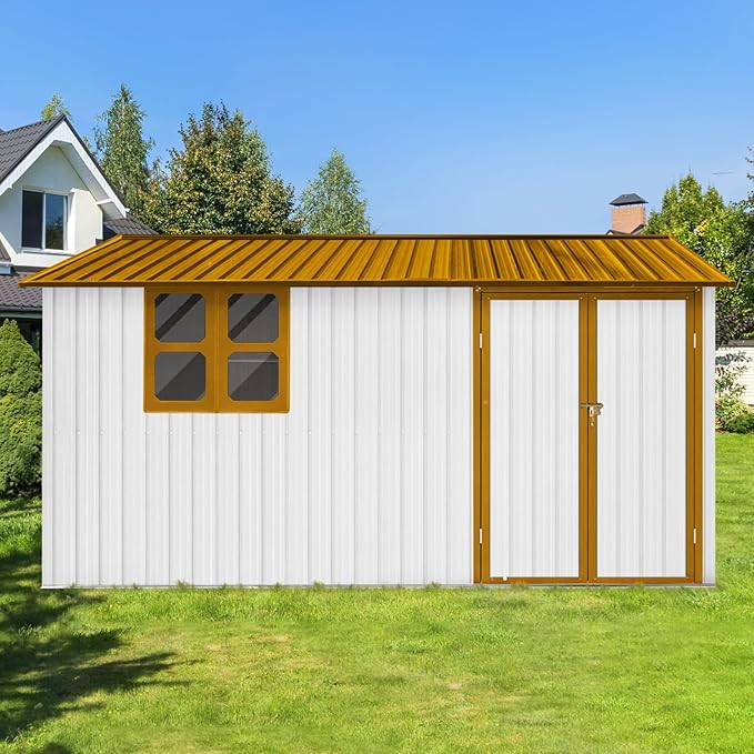 Metal Garden Sheds 12ftx10ft Outdoor Storage Sheds White+Yellow with Window, for Backyard, Patio, Poolside