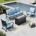 MFSTUDIO 4 Pieces Patio Conversation Sets, All Weather Metal Frame Outdoor Furniture Set Patio Sofas with 1 x 45 Rectangular Propane Fire Table, 1 x 3-Seat Sofa, 2 x Rocking Chairs, Blue Cushion