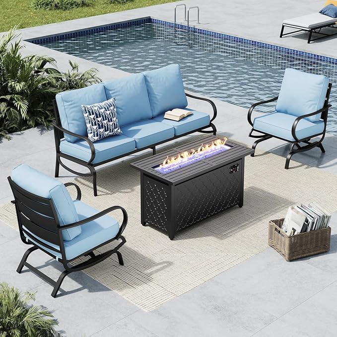 MFSTUDIO 4 Pieces Patio Conversation Sets, All Weather Metal Frame Outdoor Furniture Set Patio Sofas with 1 x 45 Rectangular Propane Fire Table, 1 x 3-Seat Sofa, 2 x Rocking Chairs, Blue Cushion