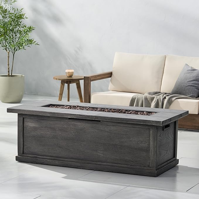Outdoor Propane Fire Pit Table for Outside Patio, 56 Inch Concrete Fire Pit Table, Rectangle Gas Fire Pit for Garden, Pool, Backyard, 50,000 BTU, Free Lava Rocks, Gray Wood Pattern