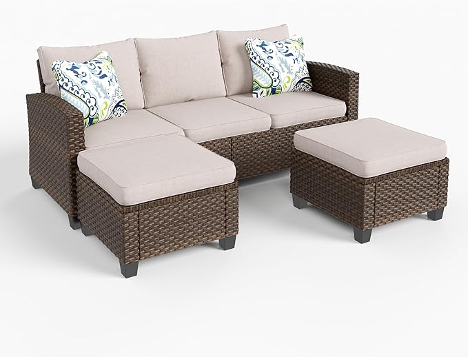 Small Patio Furniture Set, 3 Pieces Wicker Outdoor Sectional Set, L-Shaped Patio Couch Set, Modular Rattan Conversation Set with Lounge Sofa and Ottomans for Deck Lawn Garden, Beige