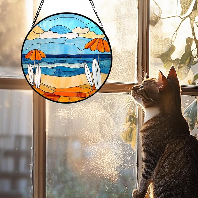 AMDERVEN Stained Glass Window Hanging 4 Pcs Set Blue Ocean Surfing Beach 7.8" - Suncatcher Door Garden Sun Catcher Decor Birthday Mother's Day for Firefighte Men Woman Nana Mom