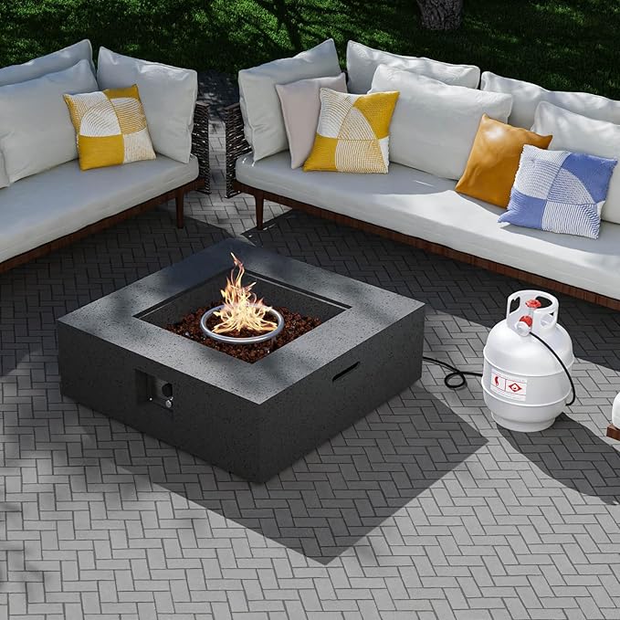 SUNBURY Outdoor Travertine Fire Pit Table, 35 inches Square Propane Gas Patio Fire Pit 50,000 BTU Concrete, Low Firepit Table with Lava Rocks, Waterproof Cover, Grey