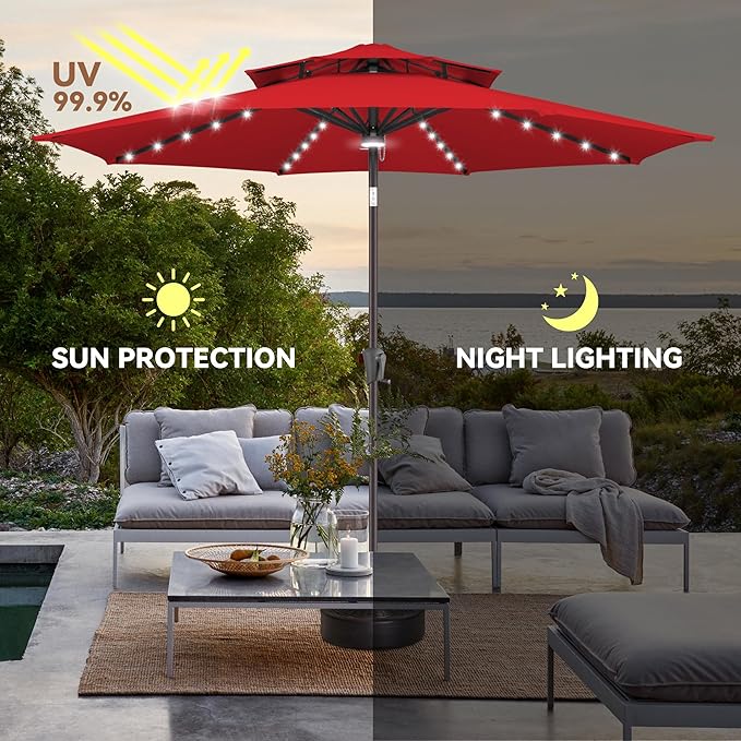 9ft Solar Umbrella Outdoor - Double Top Lighted Patio Umbrella with 40 LED Lights Waterprool Uv Protection, Table Umbrella with Tilt & Crank for Pool, Porch, Garden, Backyard(Red)