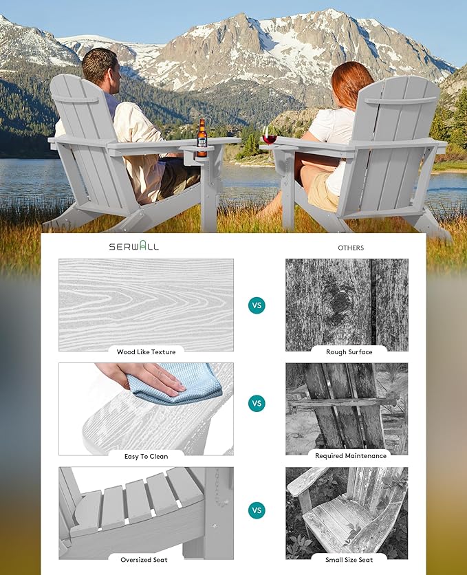 SERWALL Adirondack Chair with Cup Holders - Composite Adirondack Chairs Set of 8 HDPE Outdoor Chairs All Weather Use- Silver Gray