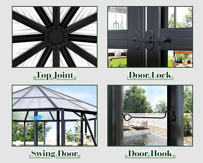 Jocisland 12x10x8 FT Hexagonal Greenhouse, Quick-Connect Aluminum Frame, Dual Roof Vents & Double Doors, Walk-in Garden/Backyard Greenhouse with Gutters, Black