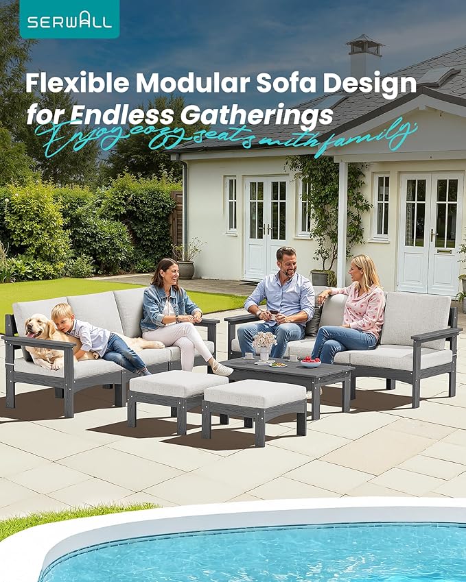 SERWALL 9 Pieces Patio Sofas with 15FT Double Side Patio Umbrella, All-Weather HDPE Outdoor Sectional Sofa, Large Modular Conversation Set for Patio, Garden, Deck, Grey Frame with Khaki Cushion
