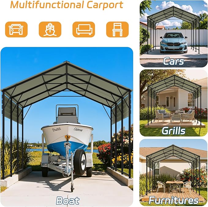 Patiowell 10'x15' Metal Carport with Heavy Duty Frame, Outdoor Carport Canopy with Galvanized Steel Roof, All-Weather Car Shelter Garage for Car, Truck, Boat and Tractor, Black