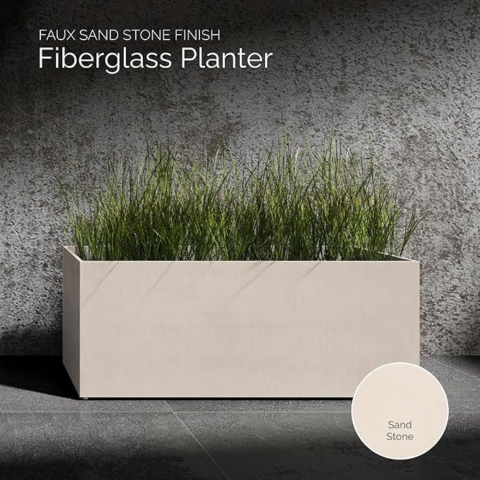 Semplito Grand Rectangular Planter – Sand Stone Finish – Fiberglass Indoor/Outdoor, Weather-Resistant XL Planter (59" L x 19.7" W x 23.6" H Exterior, 58.7" L x 19.3" W Interior)