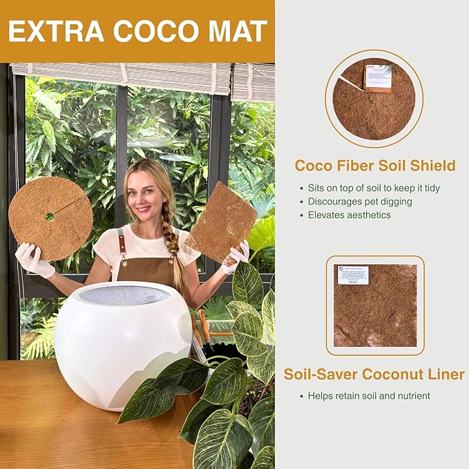 16" H x 20" D Globo Fiberstone Round Planter - Christmas Tree Planter, Smooth Finishes, Weather Resistant for Indoor & Outdoor Use, Included 2 Extra Coco Mats (White, 13.5" Pot Opening)