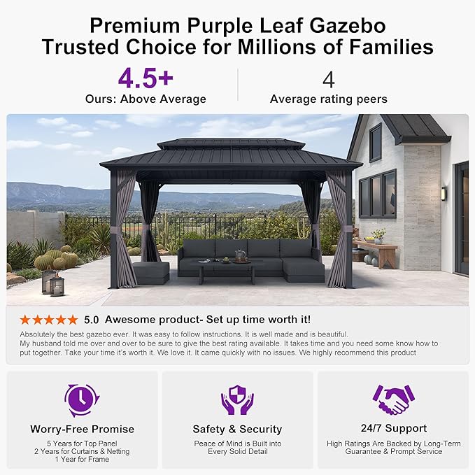 PURPLE LEAF 08'x14' Hardtop Gazebo with Lights Wind Resistant Galvanized Steel Dual Layer Double Roof Outdoor Patio Pavilion Including Netting and Privacy Curtains for Lawn Garden Backyard Grey