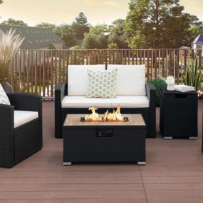 Tangkula 2 Piece Outdoor Propane Fire Pit Table Set with Hideaway Propane Tank Holder, 40,000 BTU Rattan Wicker Fire Pit Table with Lava Rocks, Waterproof Cover, Ideal for Backyard, Patio (Black)