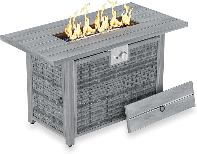 30" Round Propane Fire Pit Table - 50K BTU with Lid, Rocks Tank Storage and Cover - Round Gas Fire Pits for Outside Patio - Outdoor Table with Firepit (Grey, 43" Rectangular)