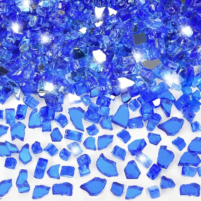 GasSaf 1/4 Inch Fire Glass Reflective Tempered Fireglass Cut Crushed FireGlass for Fire Pit, Fireplace, Replaces Existing Gas Logs & Lava Rocks (20 Pound)(Cobalt Blue Reflective)