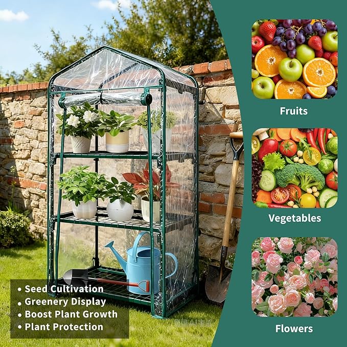 3 Tier mini Indoor Greenhouse Upgraded with Shelf Clips,27"x19"x50" Greenhouse for Indoors&greenhouses for Outdoors with PVC Cover and Roll-Up Zipper Door