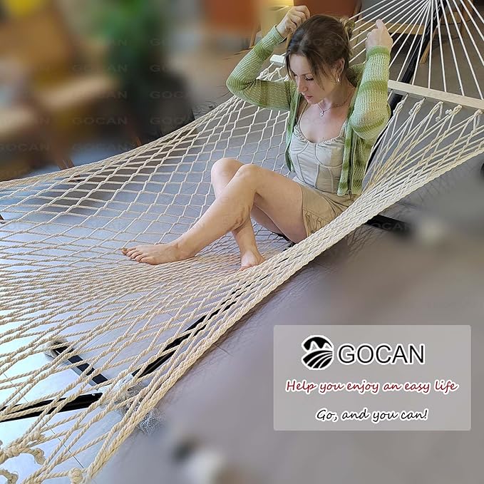 GOCAN Mesh Hammock,Cotton Rope hammocks with Chains Hooks Tree Straps fit Stands from 9' to 15' for Outside Indoor Patio Yard