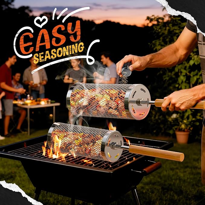 Rolling Grill Basket,304 Stainless Steel Grill Basket with Removable Wooden Handle,BBQ Tool & Smoker Accessory for Veg & Shrimp,Ideal for Outdoor Cooking,Camping & Gifts for Dad/Husband/Men-Large