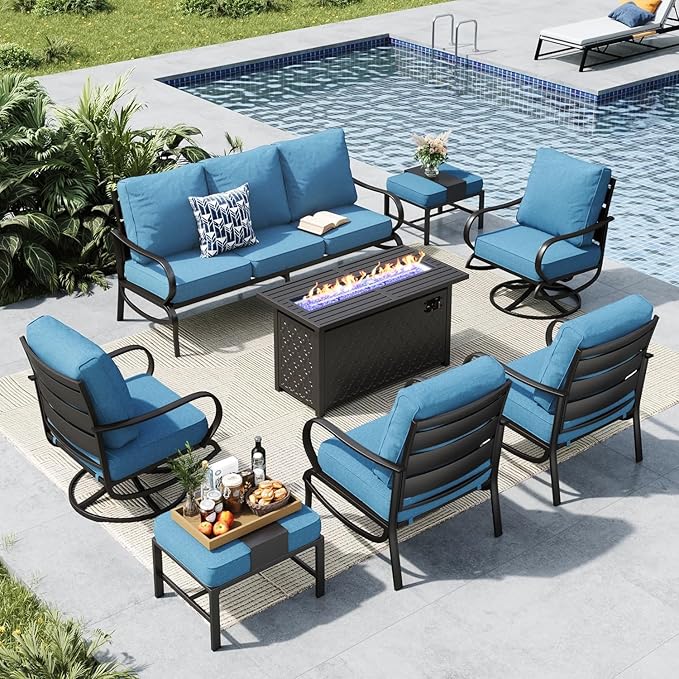 MFSTUDIO 8 Pieces Patio Furniture Sets with 45" Gas Fire Pit Table(Up to 9 Seat),Outdoor Metal Conversation Sofas with 1 x 3-Seat Sofa, 2 Single Chairs,2 Swivel Chairs and 2 Ottoman,Navy Cushion