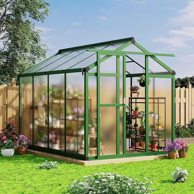6x8FT Walk in Greenhouse with Reinforced Aluminum Alloy Frame & Snap in Polycarbonate Panels, Adjustable Roof Vent & Rainwater Gutter for Year Round Plant Growth in Garden, Patio, Backyard