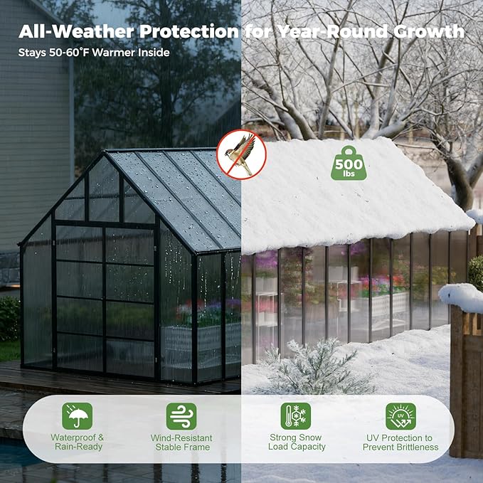 24x10x10 FT Outdoor Greenhouse, Large Thicker Aluminum Polycarbonate Kit, 5 Vent Windows, Swing Door, Walk-in, for Sunroom, Patio, Backyard