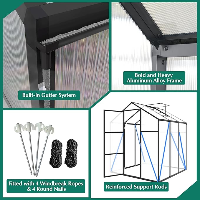KEIKI 6x10 FT Polycarbonate Greenhouse for Outdoors, Heavy-Duty Walk-in Aluminum Greenhouse with Anchor Base, Light-Transmitting Panels & Drainage System, Black