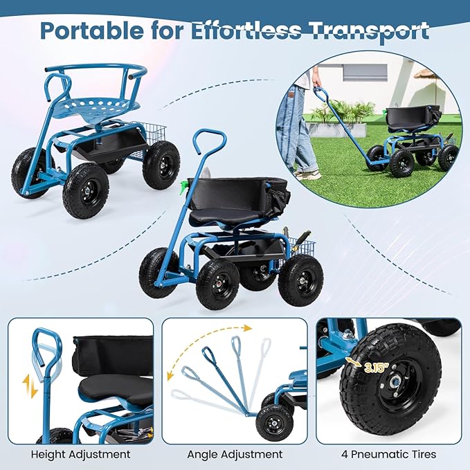 Goplus Garden Seat with Wheels, Rolling Gardening Stool with Adjustable 360° Swivel Seat, Tool Tray & Storage Basket, Extendable Handle, Outdoor Gardening Scooter, Garden Cart Workseat for Seniors