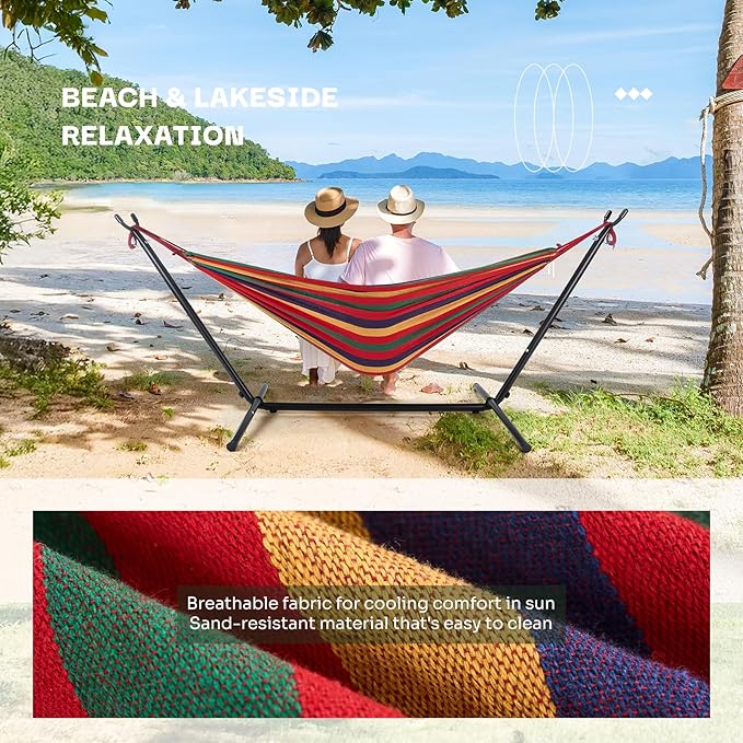 NEWBULIG Double Hammock with Stand, Heavy Duty Portable Hammocks for Outdoor Indoor Patio Camping, Space Saving Design & Carry Bag, Easy Assembly, 450lb Weight Capacity