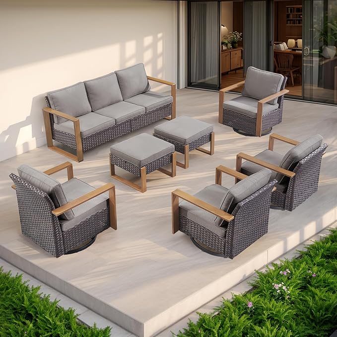 Rilyson Outdoor Wicker Patio Furniture Set - 7 Piece Patio Conversation Set with 4 Wicker Swivel Rocker Chairs,2 Rattan Ottoman and 1 Couch,Thick Cushions,Deep Seating,Wide Armrest(Brown/Grey)