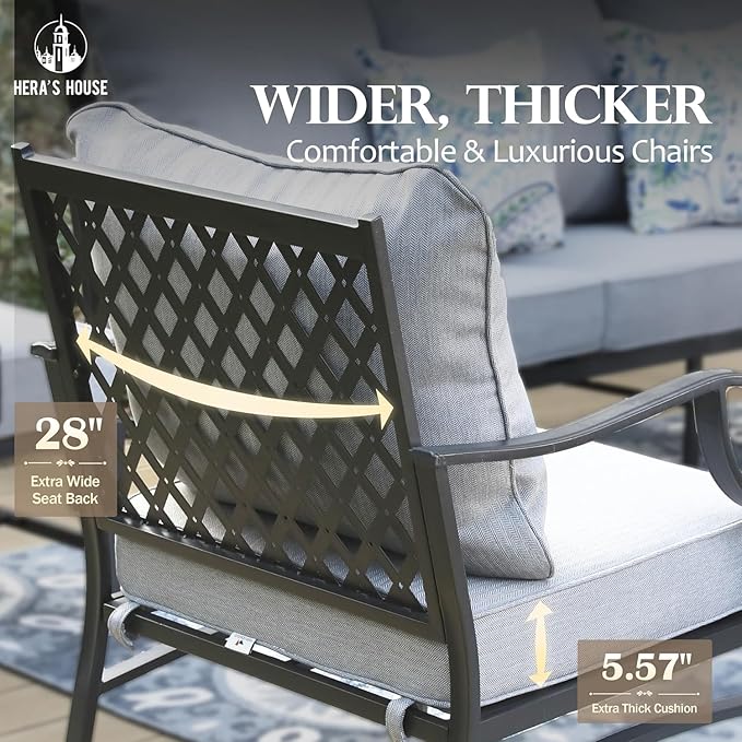 HERA'S HOUSE 5 Pcs Patio Furniture Set with Fire Pit Table, 4 x Thick Cushioned Rocking Chairs, 1 x 28 Fire Pit Table (50,000 BTU), All Weather Outdoor Conversation Set for Garden Backyard Lawn Grey