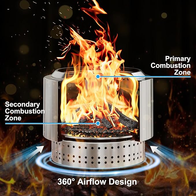 19.5 inch Smokeless FirePit with Waterproof Bag & Poker, Stainless Steel Outdoor Smokeless Fire Pit, Wood Burning Fire Pit for Patio, Camping, Backyard