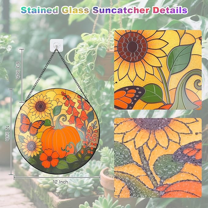 Pumpkin Suncatcher for Window Hanging - Stained Glass Window Hanging, Pumpkin Decor for Garden,Wall, Balcony, Fall Gift for Halloween(12 Inch)