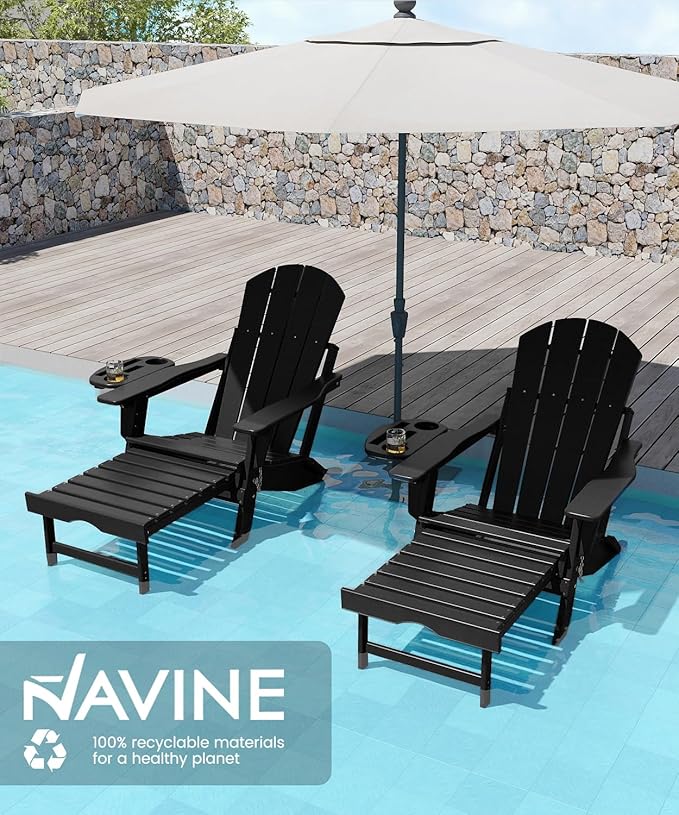 Adjustable Adirondack Chair with Retractable Ottoman, HDPE Folding Adirondack Chair with Cup Holder, All Weather Fire Pit Chair for Outdoor.