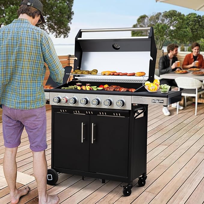Brand-Man 6 Burner Propane Grill with Infrared Sear Side Burner & Porcelain-Enameled Cast Iron Grate and Griddle, Cabinet Style Gas BBQ Grill with Side Table for Barbecue Grilling & Backyard Cooking