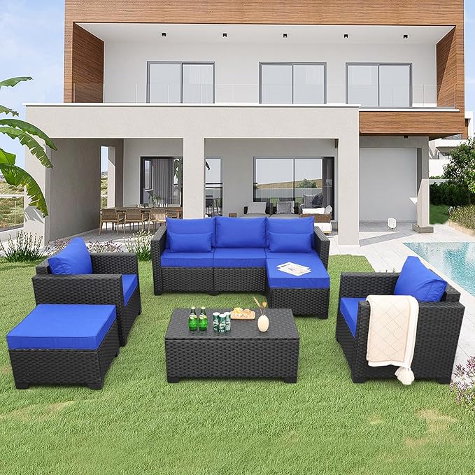 Rattaner 6 Pieces Patio Wicker Furniture Set Outdoor PE Rattan Conversation Couch Sectional Chair Sofa Set with Royal Blue Cushions