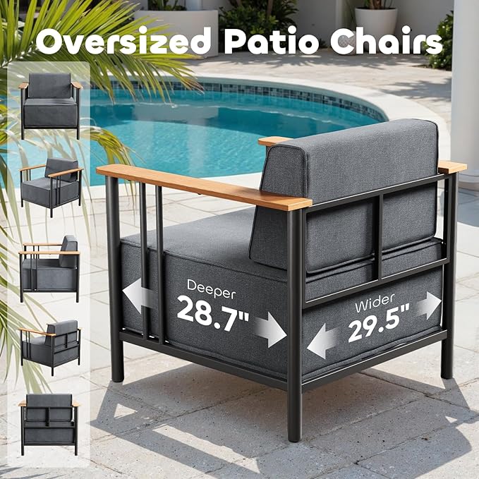 Luxury Patio Furniture Set with 10" Extra Thick Cushions, 6 PCS Outdoor Furniture Set with Patio Chairs & Couch & Coffee Table, Suitable for Porch, Balcony, Deck, Yard, Poolside, Black/Grey