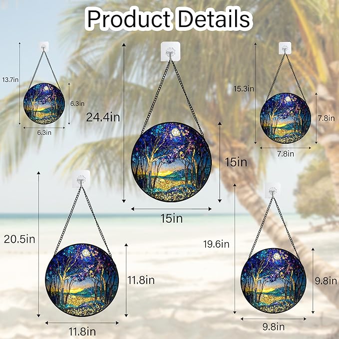 QZQCBLC Stained Glass Window Hanging Blue Purple Forest Trees Landscape Moon 9.8" - Suncatcher Door Garden Sun Catcher Home Decor Birthday Christmas for Mom Men Woman Nana