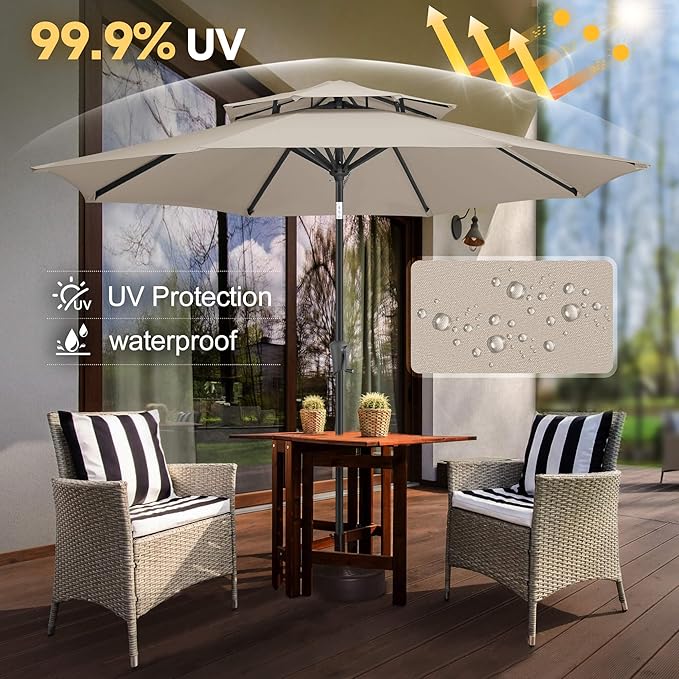 FLAME&SHADE 9ft Patio Umbrella - 2 Tiers Outdoor Umbrella with Push Button Tilt and Crank for UV Protection, Table Market Umbrella for Garden, Deck, Backyard, Pool and Beach(Taupe)