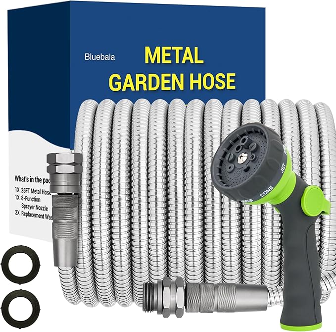 75 FT Stainless Steel Garden Hose – Heavy Duty 304 Metal Hose, 500+ PSI Burst Strength, No-Kink, Dog Bite & Puncture Resistant, Swivel-End Fittings, 8-Mode Nozzle for Large Gardens, Outdoor Use
