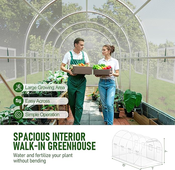 SPECILITE Walk-in Tunnel Greenhouse for Outdoors, 15×7×7 FT Heavy Duty Hoop House Kit with 8 Screen Windows, Thicken PE Cover & Galvanized Frame, Portable Large Green Houses for Outside, Winter, White