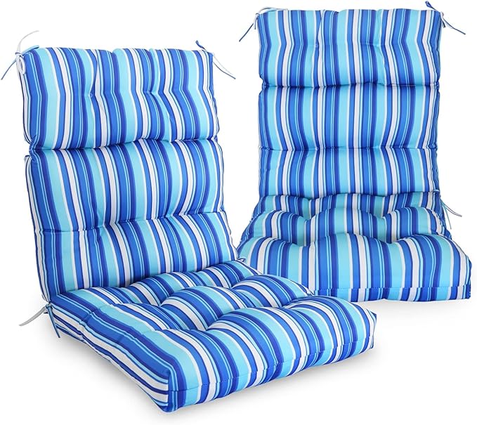 EAGLE PEAK Tufted Outdoor/Indoor High Back Patio Chair Cushions, Set of 2, 46'' x 22'', Blue Stripe