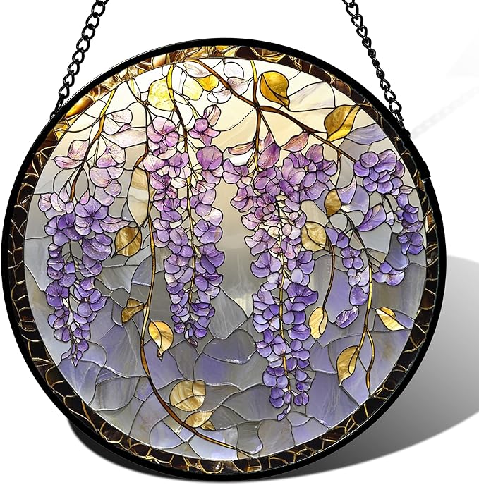 AMDERVEN Stained Glass Window Hanging - Wisteria Flower Golden Leaves Sun Catcher for Door Home Decor Plant Suncatcher Christmas Mother's Day Birthday Gifts for Women Men Lovers Mom Nana 6.3 in