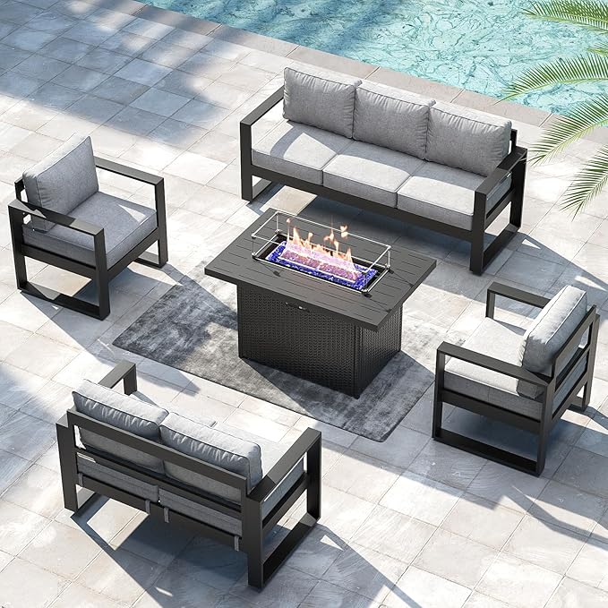 LayinSun 5 Pieces Aluminum Outdoor Patio Furniture Set, Metal Modern Conversation Sofa Set with Fire Pit Table and Washable Thick Cushions for Porch, Backyard, Deck
