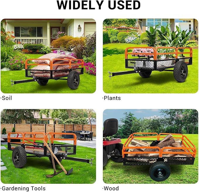 Heavy Duty ATV Trailer Steel Dump Cart, 1600 Lbs 15 Cubic Feet Garden Trailer Pull Behind with Removable Sides & All Terrain Tires for Lawn Mower, ATV & Yard Work