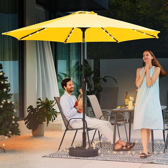 JEAREY 9FT Outdoor Patio Umbrella with Solar Lights, LED Lighted Pool Umbrella with Tilt and Crank, Outdoor Table Umbrellas for Deck, Yard & Market (Lemon)