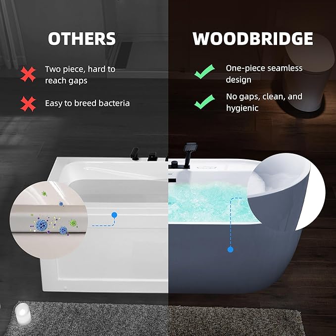 WOODBRIDGE 72" x 35-3/8" Whirlpool and Air Bath Heated Soaking Combination Tub with Adjustable Speed Air Blower, Tub Filler, and LED control panel, Matte Black Finish Trim and Drain Kit, BM500+F0051MB