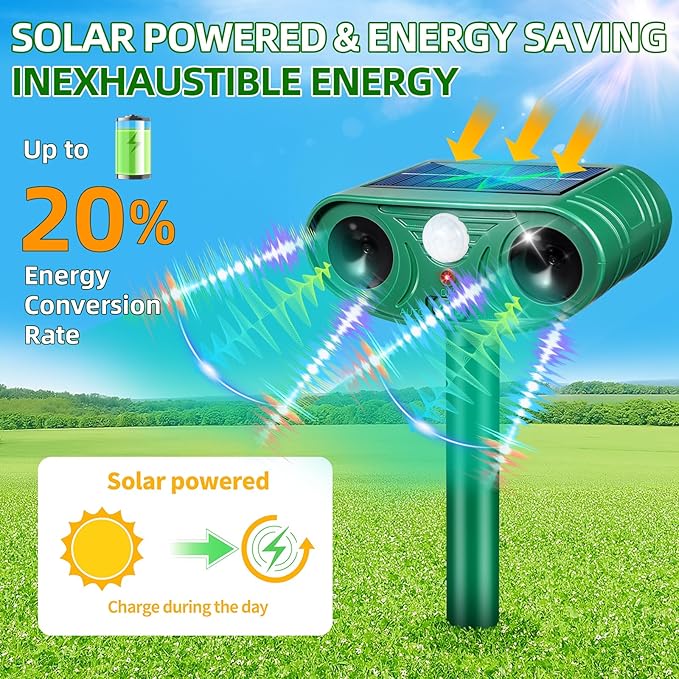 2 Pack Solar Ultrasonic Animal Repeller Outdoor with Motion Sensor Deer Repellent Devices for Squirrel Repellent Cat Rabbit Skunk Coyote Raccoon Repellent Outdoor Fox Deterrent for Yard