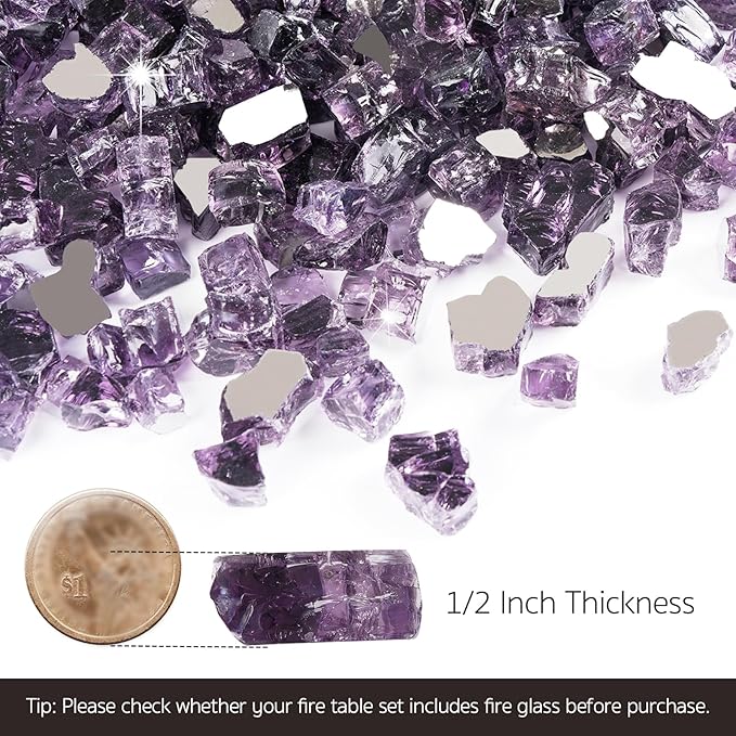 GASPRO 10 lbs Fire Glass for Propane Fire Pit, 1/2-Inch Reflective Fireplace Glass Rocks for Fire Pit Table, Purple
