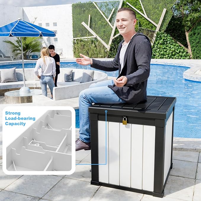 50 Gallon Deck Box Large Outdoor Storage for Patio Furniture,Outdoor Cushions,Garden Tools and Pool Supplies,Waterproof,Resin,Lockable(Black-White)