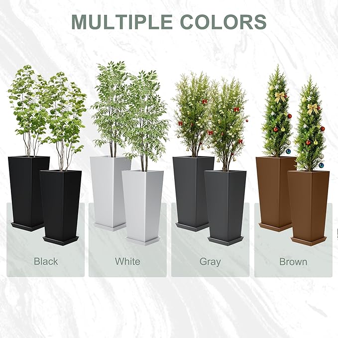24" Set of 2 Tall Planters, Large Outdoor Flower Pots with Drainage Tray Modern Indoor Tapered Planter for Patio, Garden, Front Porch, Backyard (Black)