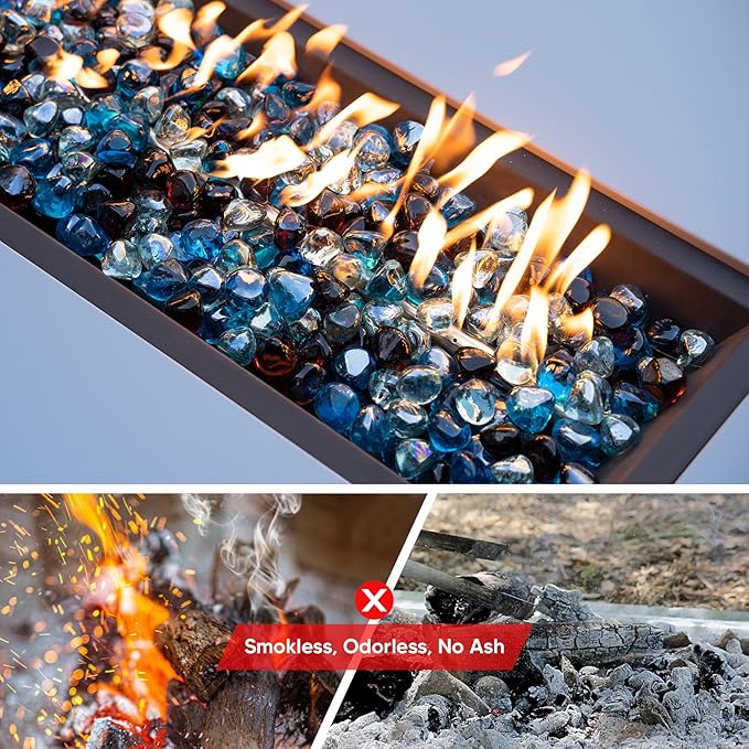 onlyfire 10-Pounds Fire Glass Diamonds for Propane Fire Pit, 1 Inch Blended Firepit Glass Rocks Stones for Gas Fireplace and Fire Pit Table, Caribbean Blue, Crystal Ice and Amber